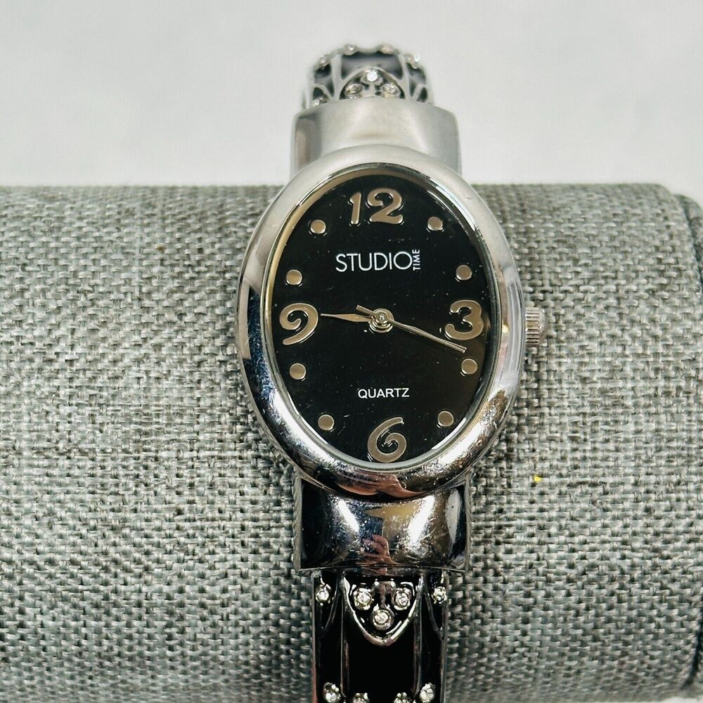 Studio Time Watch Bracelet Black Enamel Rhinestone 25mm Clamper New Battery